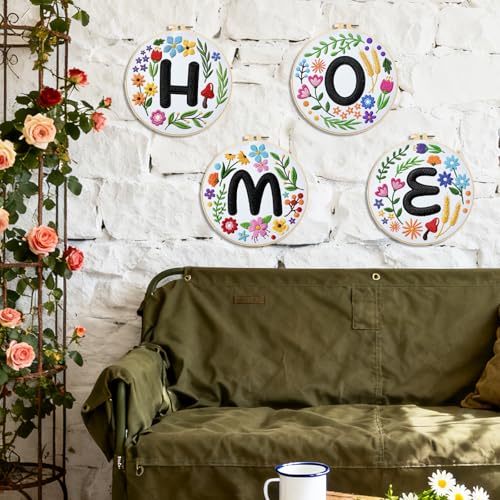 BEUNITONE 4 Set Embroidery Kit for Beginners, DIY Home Theme Pre-Stamped Pattern Needlepoint Kits for Adults with Hoop and Instruction, Funny Hand Embroidery Patterns for Cloth and Home Decor - style: D-Home Letter