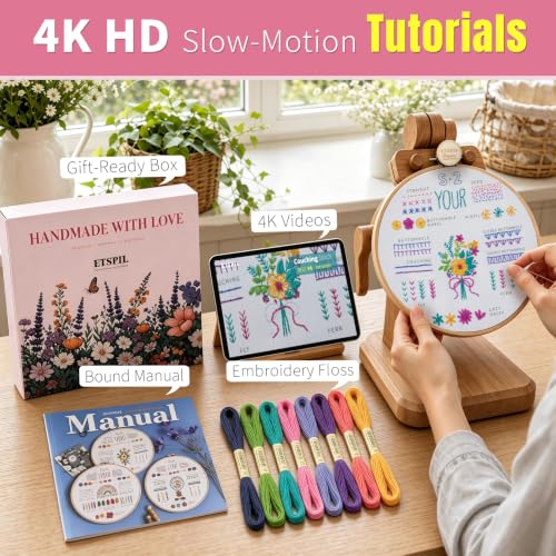 ETSPIL Beginner Embroidery Kit for Adults, No-Wash Finish, 4K Video - color: simple A