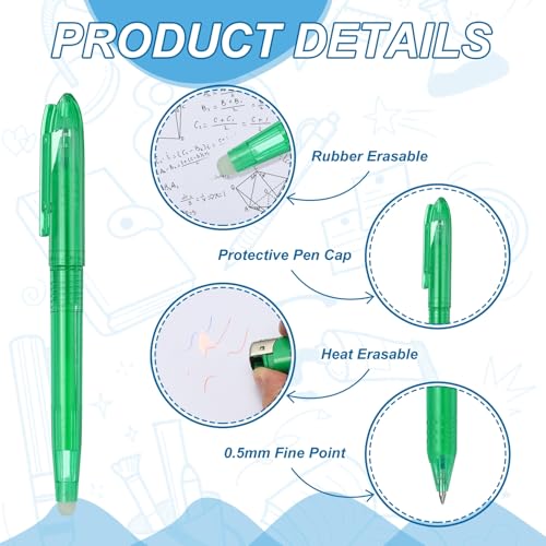 PATIKIL 12Pcs Erasable Gel Pens, 0.5mm Fine Point Heat Erasable Marking Pen with Cap Smooth Writing Fabric Markers for Sewing Drawing Writing Planner, Green Ink - color: Green