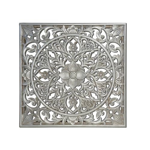 XIAOAIKA Boho Carved Wood Wall Art Panel, Floral Mandala, Distressed Silver - color: Distressed Silver
