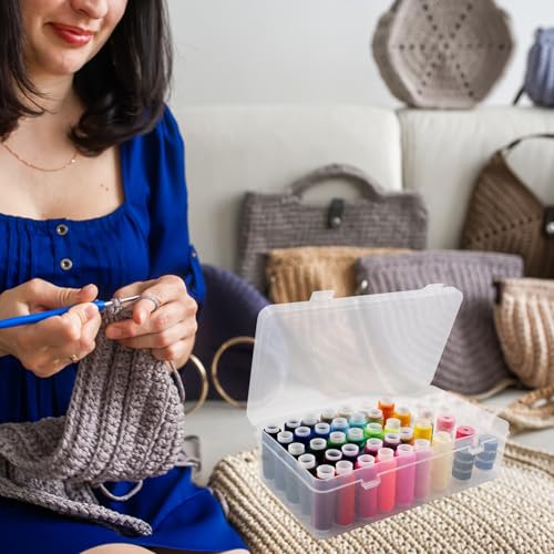 42 Slot Sewing Thread Box with 58 Types of Sewing Threads, Portable Transparent Storage Box Bobbin Needle Spool Organizer for Embroidery and Quilting, 9.25 x 5.3 x 2.5 Inch (with Threads)
