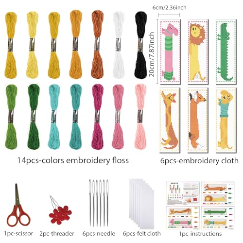 FREEBLOSS 6 Set Cross Stitch Bookmark Kits Stamped Cross Stitch Kit 11CT Embroidery Kit with Instructions for Adults Beginners Creative Animals Pattern, 20x6cm/8x2.4inch - style: Long bodied animals