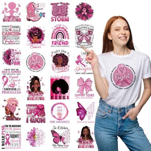 Dtf Transfers Ready to Press -24Pcs Breast Cancer Awareness Iron on Decals Pink Ribbon Fight Cancer Quote Heat Transfer Vinyl Stickers for Clothing Pillows Bag DIY Crafts - color: Breast Cancer Awareness