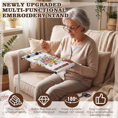 Novabright Adjustable Embroidery Stand with Side Clamp—Needlework Frame Holder for Cross Embroidery, Punch Needle, and Hand Sewing Projects Fits Scroll Rods up to 20 Inches & Q-Snap Frames
