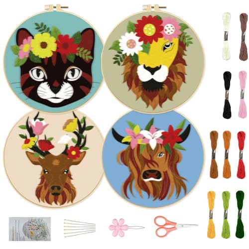 ORIGACH 4 Pack Animals Embroidery Kits for Beginners, DIY Starter Hand Embroidery Kit with Cat Lion Deer Cow Patterns and Instructions for Adults Women Crafting - color: Animals