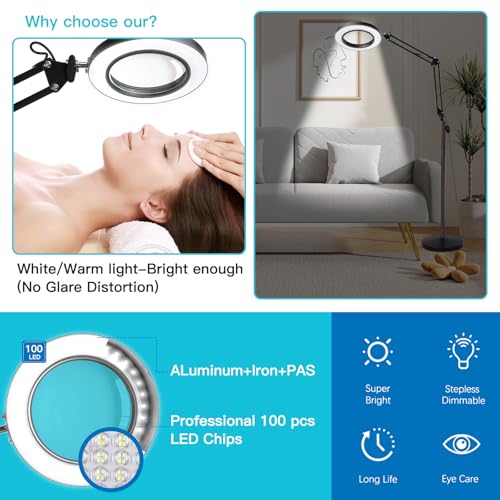 ZABOUL 10X Magnifying Floor Lamp, 3-in-1 Hands Free Magnifying Glass with Light and Stand, 2 Color Modes with Clamp for Esthetician Facials Close Work Reading