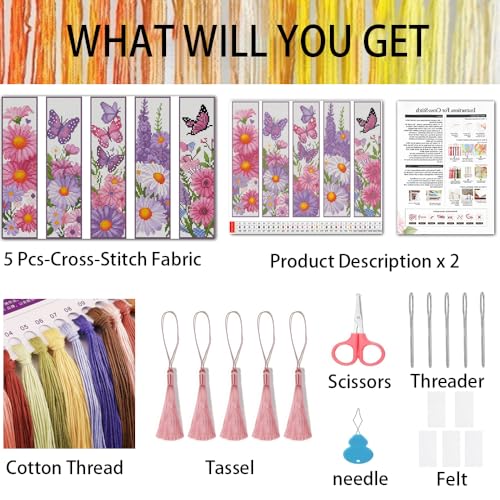 5 Pack Flower Butterfly Cross Stitch Bookmark Kits for Adult Beginners - color: butterfly and flowers
