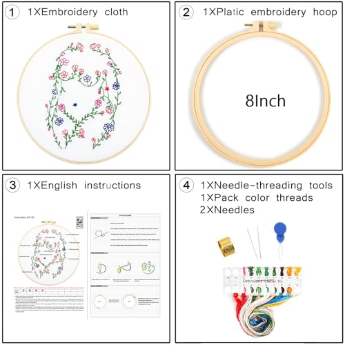 Woman Flowers Embroidery Kits for Beginners Adults, Floral Hand Embroidery Starters Kits, Stamped Cross Stitch Kits DIY Needlepoint Kits for Beginners Adult, Embroidery Hoop, Thread and Video Tutorial - color: H2082