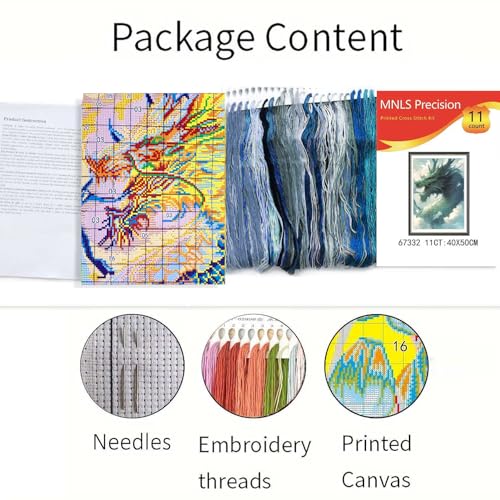 Zhenqing Dragon Stamped Cross Stitch Kit for Beginners, 11CT Printed Full Coverage Blue Green Chinese Dragon Pattern, 40 x 50 cm Fantasy Animal Embroidery Needlework Set, No Hoop Needed - color: Misty Blue Dragon