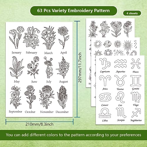 BENECREAT 4 Sheets 63PCS Stick and Stitch Embroidery Paper, Birth Month Flower Theme Stabilizer Water Soluble Hand Sewing for Carves, Shirts, Coats, Bags, Towels - color: Birth Month Flower