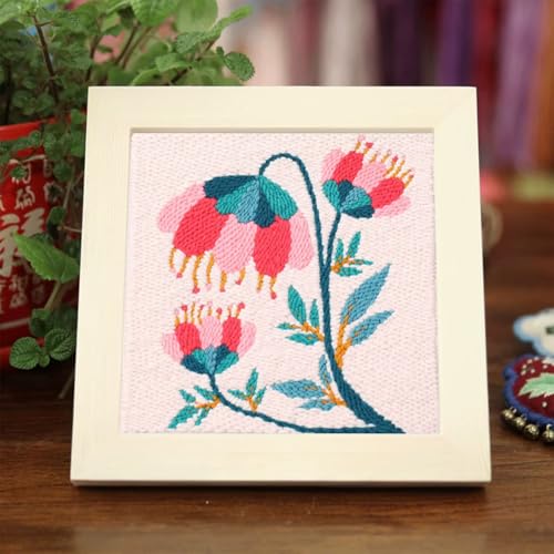 Allazone Punch Needle Kit Frame, Punch Needle Embroidery Kits, Square Punch Needle Fabric with Flower Pattern, Hoop, Yarns, Punch Needle (Beige and Pink) - color: Beige and Pink