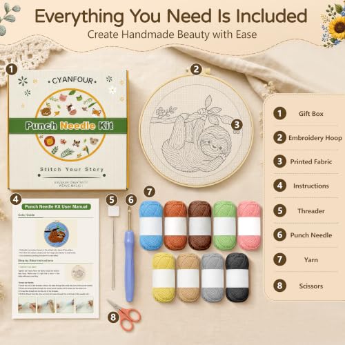 CYANFOUR Punch Needle Kit for Beginners, Sloth Punch Needle Kits Adults, Craft Kits for Adults with 2 Pre-Printed Fabrics, Embroidery Hoop, Threads, DIY Gift and Home Decor 20 * 20cm - color: Sloth