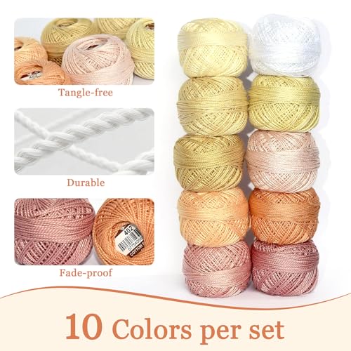 Double Mercerized Egyptian Long Staple Cotton Pearl Thread Ball 10 Grams Rainbow Color Embroidery Thread 10 Colors per Box for Crochet Hardanger Cross Stitch Hand Embroidery,Light Flesh Color Series - color: Light flesh color series