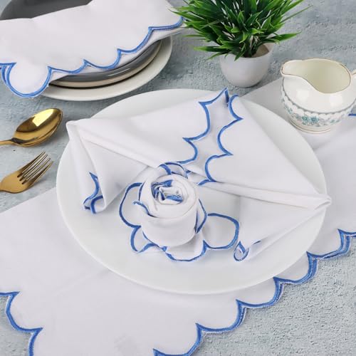 NATURALCRAFT Scalloped Cloth Napkins 18x18 in - White Edges Light Blue - color: Sl-white Napkin - Light Blue Edges, size: 18" x 18" (Set of 6)