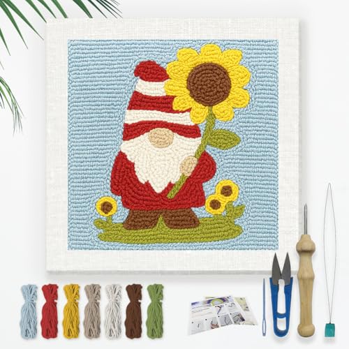 Doodlream Dwarf Sunflower DIY Punch Needle Embroidery Kit for Adult Beginner, 9.4" Gnome Flower Punch Stitching Craft Set for Starter with Frame, Fabric Pattern, Threader, Yarn, Pinch Needle - color: Dwarf Sunflower