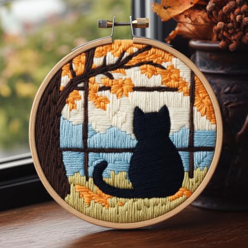 DIY Punch Needle Kits Black Cat Back Sit on Window with Hoop 20x20cm-17 - color: 01-Cat5