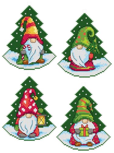 Counted Cross-Stitch Kit on Plastic Canvas with Gnomes Inside Christmas Trees. 4 Christmas Ornaments Same Dimensions. 14 count Plastic Canvas Sheets 8.27x11.02 Inches. Perfect for Art & Craft Amateurs - color: Gnomes inside Christmas Trees