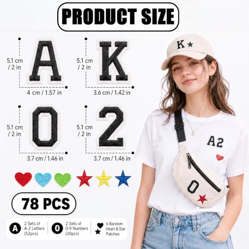 Jongdari Iron On Letters and Numbers Patches for Clothing, 2" Embroidery Alphabet Letterman Jacket Patche A-Z & 0-9 Applique for Backpack & Fabric (Black 78pcs) - color: Black, size: 52 Letters + 20 Numbers + 6 Patches