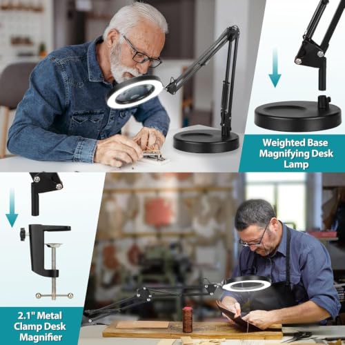 30X 12X Magnifying Glass with Light and Stand, Real Glass, 5 Color Modes, Brightness Stepless Dimmable Lighted Magnifier Hands Free, 2-in-1 Desk Lamp & Clamp Light, Magnifier Lamp for Close Work - color: Black, size: 30X 17.8inch Base & Clamp