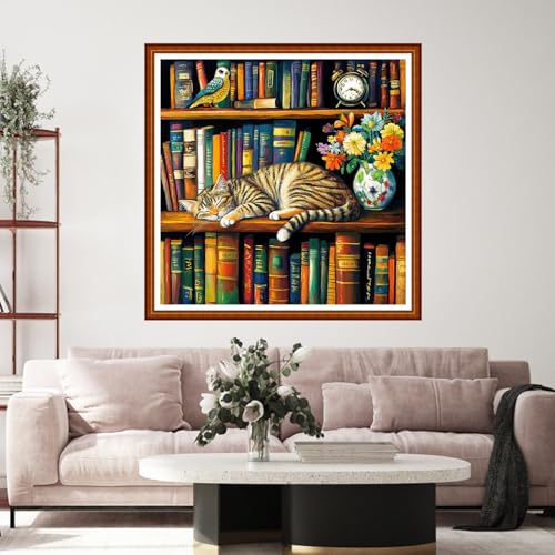 Funart Stamped Cross Stitch Kits for Beginners Full Range of Cross Stitching Preprinted Embroidery Kits for Adults, 11CT Embroidery Pattern Needlepoint Kits-Bookshelf Cat Flowers 18x18 inch - color: ColorArt61