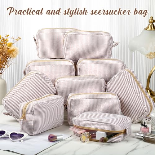 Sanwuta 10 Pcs Seersucker Cosmetic Bag Seersucker Makeup Bag Women Stripe Large Travel Toiletry Organizer Preppy Storage Pouch for Embroidery Wedding Bridesmaid Bride Mom (Khaki) - color: Khaki