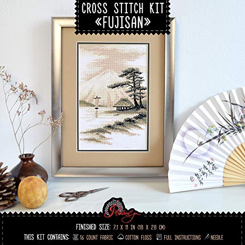 Povitrulya Cross Stitch Kit 'Fujisan', Japanese Landscape - 7.1" х 11", 16 Count Aida Cloth - Needlepoint Set for Adults with Mount Fuji Landscape Pattern - size: Fujisan - 7,1" х 11" (18 х 28 cm)