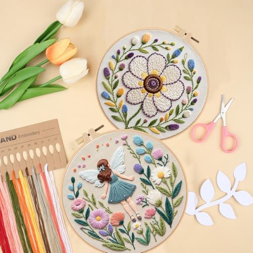 Konrisa Embroidery Kits for Adults, 3pcs Elf Flower Fairy Floral Embroidery Starter Kit DIY Sewing Practice with Hoop,Needlepoint Cross Stitch Kit - color: flower fairy