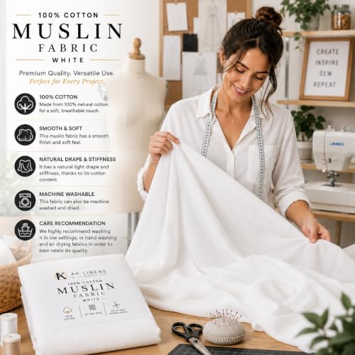 AK TRADING CO. Muslin Fabric/Textile Bleached - Draping Fabric - Bleached White 10 Yards Medium Weight - 100% Cotton (60in. Wide) - color: Bleach White, size: 10 Yards