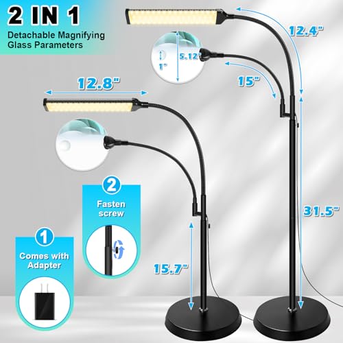 10X 30X Floor Magnifying Glass with Light and Stand, 98 LED Adjustable Floor Lamp Magnifying, 2 in 1 Lighted Magnifiers for Close Work Sewing,Crafts,Hobbies, Reading (5.12in)