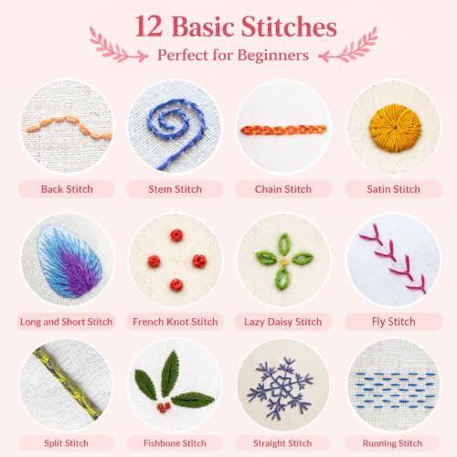 Msvphink Embroidery Stitch Book for Beginners, 73 Larger Patterns for Adults Seniors, Removable Pages, 24-Color Thread DIY Kit with Instructions