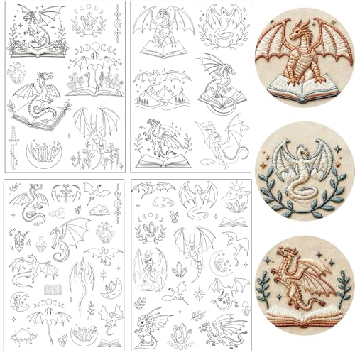 Water Soluble Stabilizer for Embroidery, 4 Sheet 60 Pcs Dragon Stick and Stitch Embroidery Papers Wash Away, Books Transfer Paper DIY Crafts Gifts for Hand Sewing Lovers Beginners - size: Dragon Book
