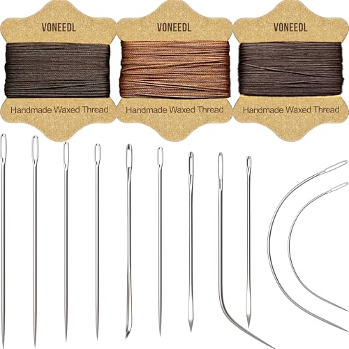 Upholstery Repair Kit: Waxed Sewing Thread (3 Rolls - Brown Color Range) & Heavy Duty Needles (11 PCS) for Leather, Canvas & Quilting Thread - color: Brown, Dark Brown, Light Brown