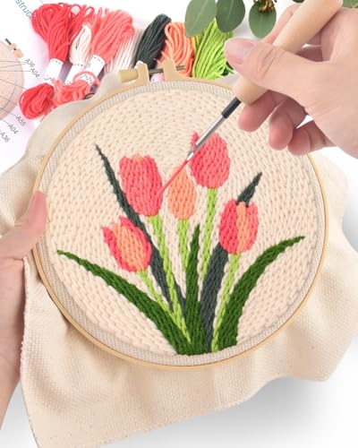 ERKOON Punch Needle Kit Beginners Adults, DIY Easy Flower Embroidery Set for Starter Art Craft, Needling Punching Project with Patterns, Tools, Yarns, Hoop, Instruction (Tulips) - color: Tulips