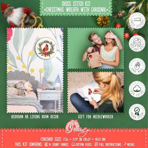 Christmas Wreath with Cardinal Bird - DIY Counted Cross Stitch Kit