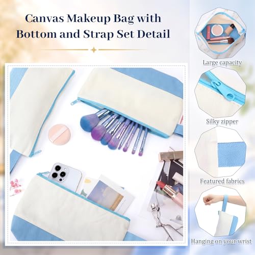 Silkfly 15 Pcs Cotton Canvas Makeup Bags Cosmetic Zipper Bags 10.2 x 5.5 x 2'' Blank DIY Pouch Bulk Pencil Case with Bottom Travel Toiletry Pouch for Women Craft Decor Gift (Beige and Light Blue) - color: Beige and Light Blue