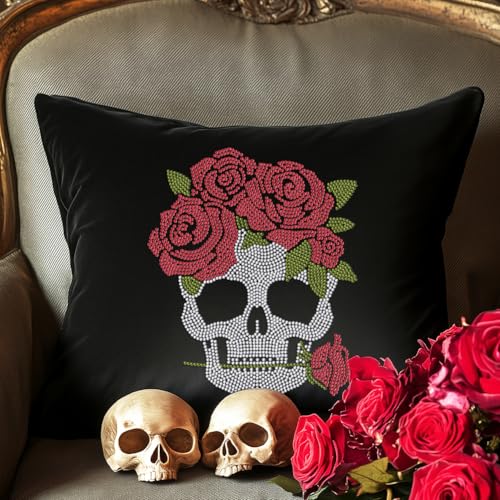 1 Pc Rose Skull Rhinestone Iron on Hotfix Transfer Decal, Bling DIY Patch Clothing Repair Applique T-Shirt Vest Shoes Hat Jacket Decor Clothing DIY Accessories - style: Rose Skull