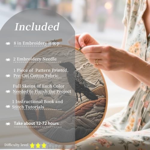 FONNUY Embroidery Kit, Featuring Crow and Landscape Patterns, Cross Stitch Kits for Both Adults and Beginners, Handmade Crafts Printed Pattern Set, Color Thread Needlework, 8'' Hoop (Fearless Bird) - color: Fearless Bird