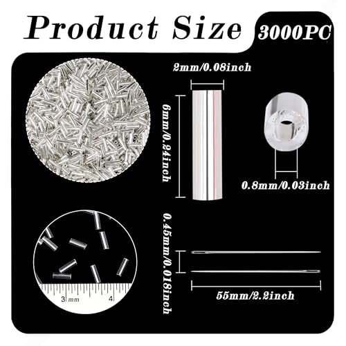 3000PC Silver Glass Bugle Beads 6MM Silver Tube Beads - color: silver