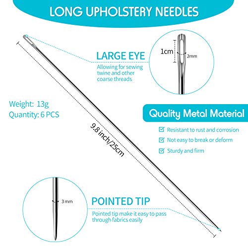 6 Pieces 10 Inch Upholstery Needles Long Straight Hand Sewing Needles Large Eye Stitching Needles for Home Upholstery Webbing Carpet Leather Canvas Repair Arts Crafts Projects