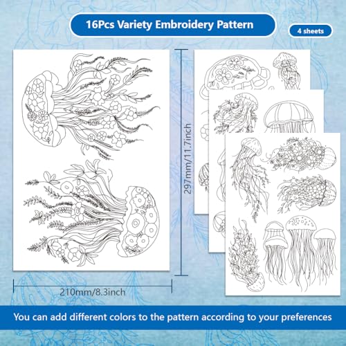BENECREAT 4 Sheets 16 Pcs Jellyfish Water Soluble Embroidery Pattern, Stick and Stitch Embroidery Paper Wash Away Designs, Embroidery Starter for Beginners DIY Craft, Sewing Embroidery - color: Jellyfish