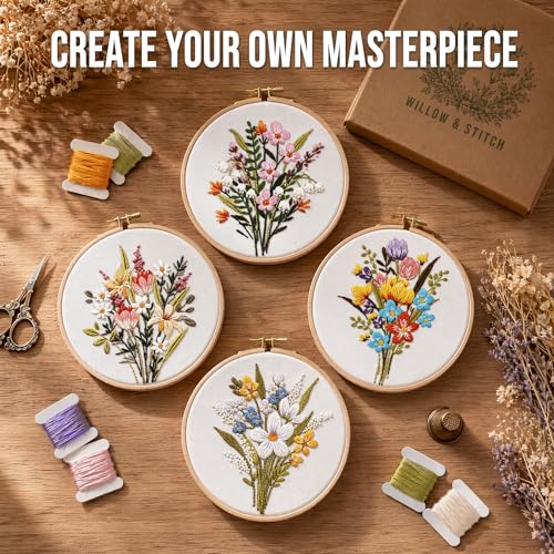 Huacan Embroidery Kit for Beginners with Stitch Video, Flower Cross Stitch Kits for Adults, Starter, Hand Craft Lover Practice with Floral Stamped Pattern
