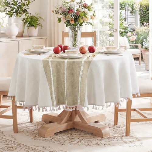 Softalker Fall Linen Round Tablecloth with Tassel, 55 x 55 Inch - color: Coffee Lines, size: 55" (Round)