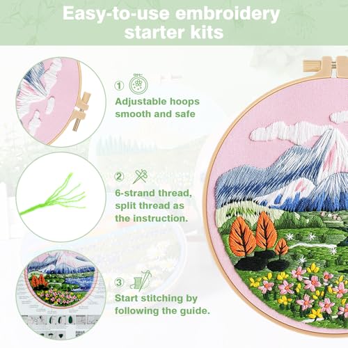 RidaaFri Embroidery Kit for Beginners, 3PC Floral Mount Sunshine Patterns
