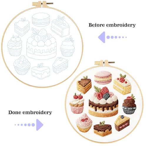 spicssa Embroidery Kit for Beginners, Hand Needlepoint Kits for Adults with Pre-Stamped Patterns, 7.8-Inch Hoop, Threads & Needles, Step by Step Instructions - color: Cake B