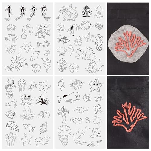 Magibeads 64 Patterns Sea Animal Fish Water Soluble Embroidery Patterns Jellyfish Koi Shell Conch Summer Ocean Beach Theme Stick and Stitch Embroidery Paper Wash Away for Beginners Starter - color: Sea Animal