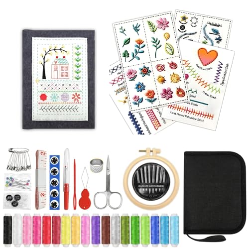 IF FEEL Embroidery Stitch Book Kit for Beginners, Hand Embroidery Practice Book with 106 Washable Fabric Patterns, Complete Starter Set with Threads, Needles, Hoop & Tools for Adults DIY Craft Gift