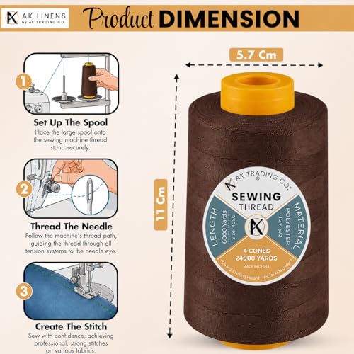 AK TRADING CO. 4-Pack Brown All Purpose Sewing Thread Cones (6000 Yards Each) of High Tensile Polyester Thread Spools for Sewing, Quilting, Serger Machines, Overlock, Merrow & Hand Embroidery - color: BROWN