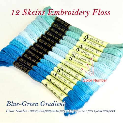 Premium Rainbow Color Embroidery Floss - Cross Stitch Threads - Friendship Bracelets Floss - Crafts Floss - 12 Skeins Per Pack Embroidery Floss,Blue-Green Gradient - color: Blue-Green Gradient