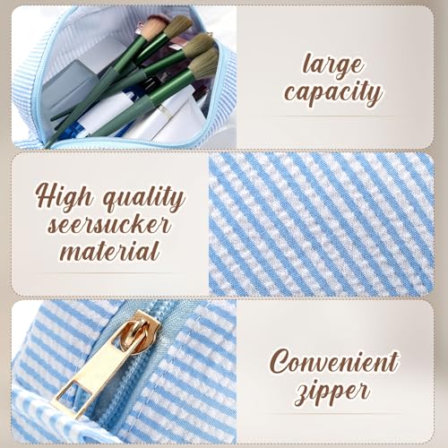 Sanwuta 10 Pcs Seersucker Cosmetic Bag Seersucker Makeup Bag Women Stripe Large Travel Toiletry Organizer Preppy Storage Pouch for Embroidery Wedding Bridesmaid Bride Mom (Light Blue) - color: Light Blue