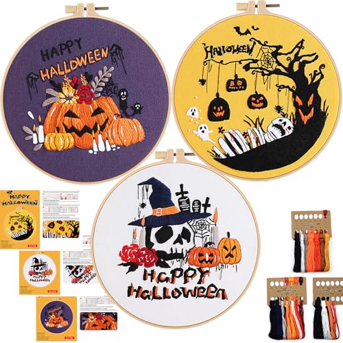 FONNUY Halloween 3 Set Embroidery Kit DIY for Adult Beginner, Pre-Stamped Patterns Pumpkin Skull Embroidery Kits with Embroidery Hoop, Colored Threads and Needles, Easy to Follow Needlework